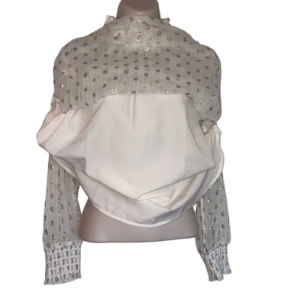 NWT Loft White and Gold Metallic Petite Ruffle Smocked Lined Sheer Blouse-Medium